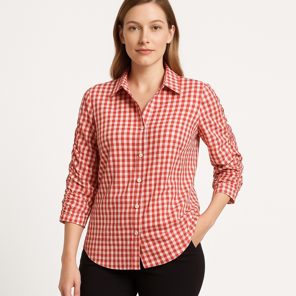 Lafayette 148 New York | Red White Gingham Ruched Sleeve Button Front Blouse 14